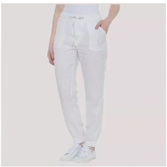 C&C California White Linen Jogger Pants Large Pull On Pockets Drawstring Travel - Picture 1 of 6
